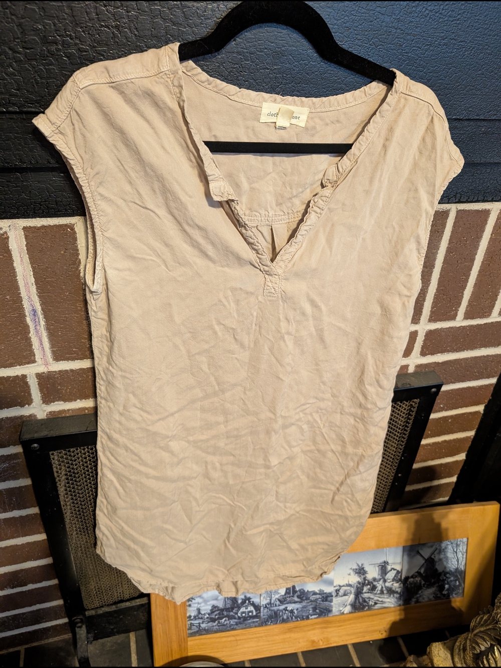 cloth & stone Neutral Beige Short Sleeve V-Neck Tunic Dress